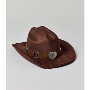 Urban Outfitters Brown Cowboy Hat with Silver Heart Accents
